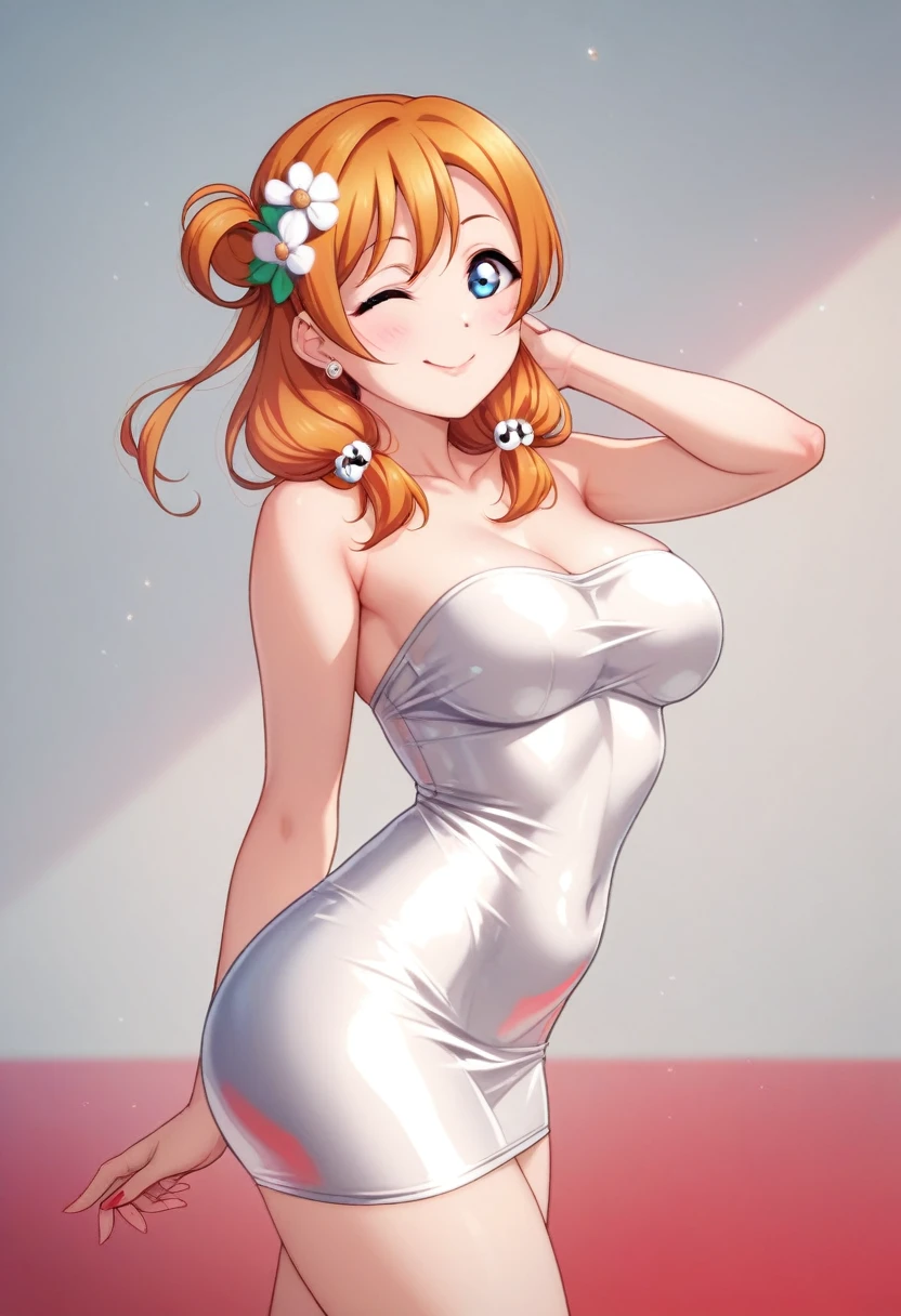 Honoka kousaka love live, cowboy shot, blue eyes, orange hair,hair flower, solo, from behind, ((short silver bodycon dress)), strapless,latex, cute smile , hair ornaments, (curvy body), standing for interview,red carpet, micro skirt, perfect eyes, Perfect iris，Perfect skin，Soft front light,（pastel colour:1.2),(lipstick:0.8) ,sexy pose,wink, standing, mommy,low twintails, Long hair 