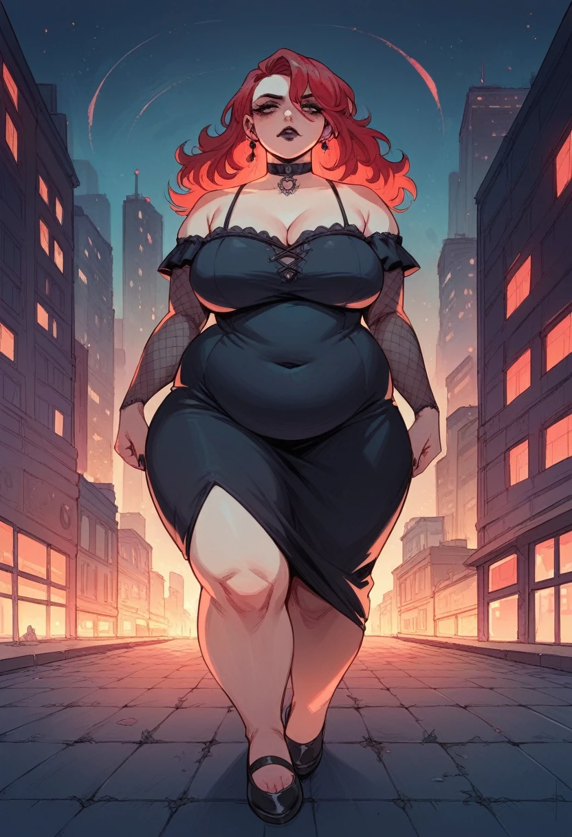 beautyfull woman, chubby body woman, red hair, black lipstcik, gothic, black chocker, black dress, city, night