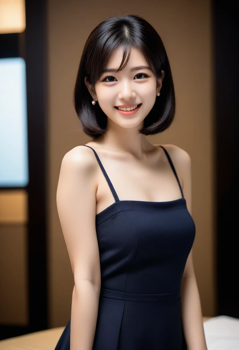 8K, Ultra-high resolution, Highest quality, masterpiece, 三分割法によるphotograph,Surreal, photograph, 1 Girl, (16 years old:1.3), pretty girl, Cute face, Beautiful eyes in every detail, 細かくdetailedに,masterpiece,, One Girl:1.2, Japan Female Announcer,whole body,Night dress, 黒絹のドレスを着てphotographを撮る女性 , wearing a Night dress,Mini length, Attractive thighs, Sensual,A carefree smile,Heal the heart,Black Hair,Short Bob,Looking at the audience、beauty,Long neck、Laugh a little、Please close your mouth and laugh、(((Ideal body type))),A cup small breasts :2,、Portraiture:2、Perfect Anatomy、鮮明なdetailed、detailed、Surreal、Light and shadow,Strong light