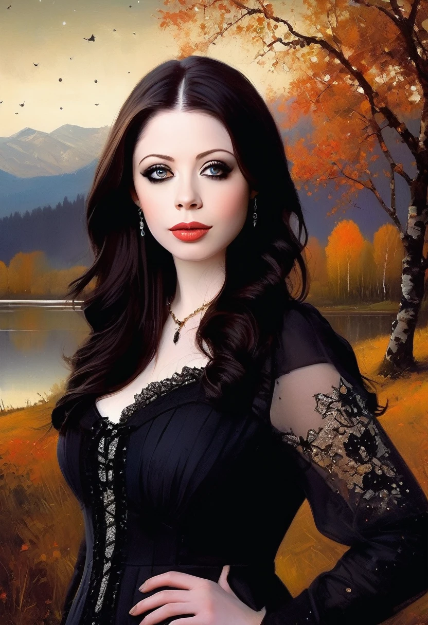 (Cute young attractive Michelle Trachtenberg, Strong Gothic Makeup) a village by the lake and a white birch forest and an apple orchard, a starry night, ((Peter-Wileman style!!!)), Gloomy foggy atmosphere, surrealism, The absurdity of cuteness, attractiveness and rejection of extraordinary appearance, magic naive art, primitivism, protogen, , ((best quality, Masterpiece)), ((Highest detail)), RAW:1,1, 8k