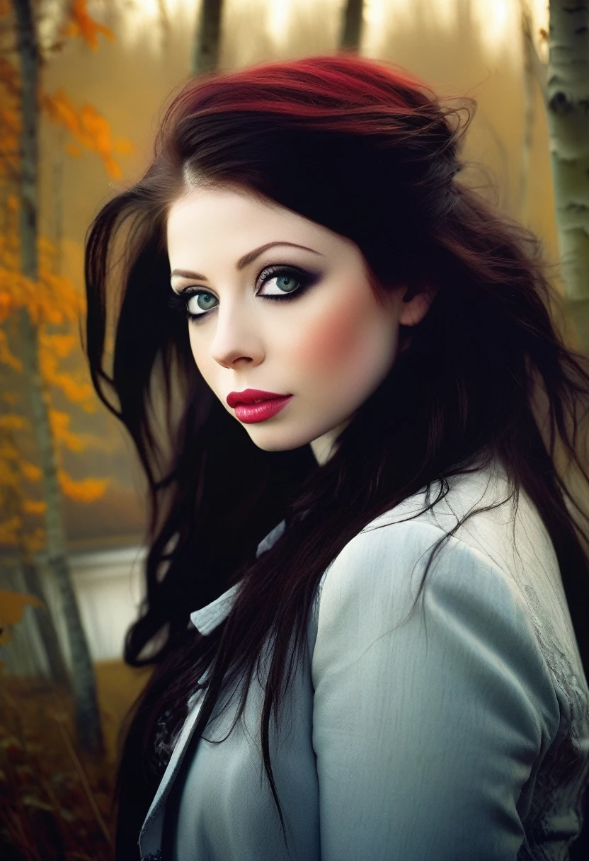 (Cute young attractive Michelle Trachtenberg, Strong Gothic Makeup) a village by the lake and a white birch forest and an apple orchard, a starry night, ((Peter-Wileman style!!!)), Gloomy foggy atmosphere, surrealism, The absurdity of cuteness, attractiveness and rejection of extraordinary appearance, magic naive art, primitivism, protogen, , ((best quality, Masterpiece)), ((Highest detail)), RAW:1,1, 8k