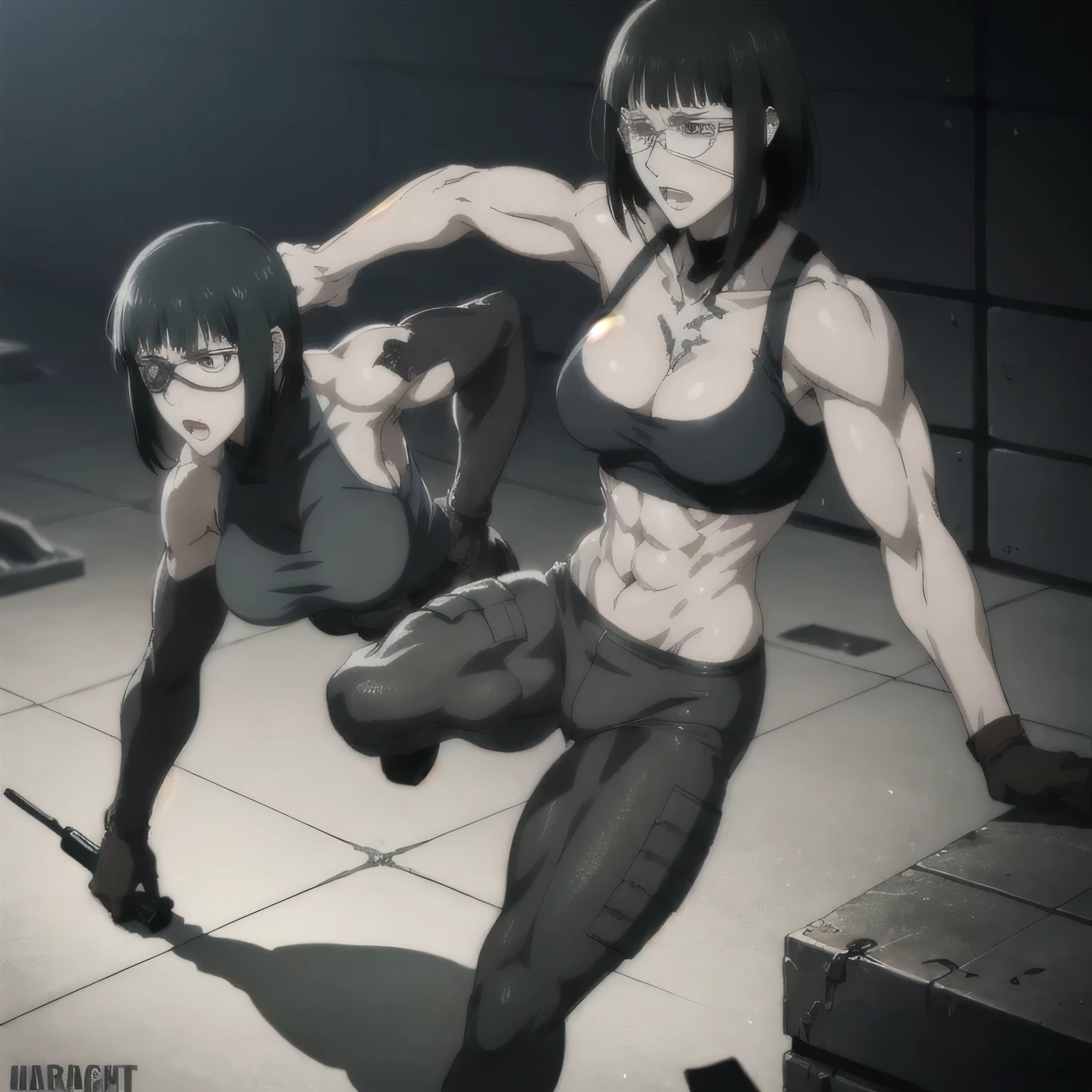 (best quality,ultra-detailed,realistic:1.37), military, muscular girl with sculpted body wearing a tight black combat tank top and black combat trousers, full review of the female character face and body, intense expression, strong and confident posture, studio lighting, vivid colors, physiologically-based rendering, grungy texture, rugged background, dust particles in the air, commanding presence, professional, powerful, gritty aesthetics,six-pack,Valmet with her muscles body,eye patch,short hair,Shining skin,black tattoos on shoulders,