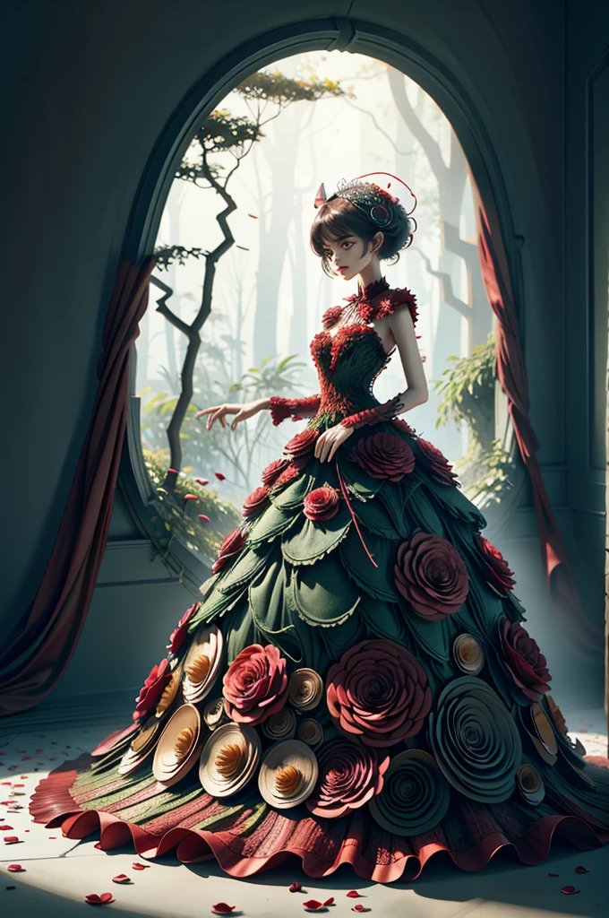 wrenchrococodome, hat, hat ornament, Forest Green color dress, pixie cut, surprise, hat flower, full body,