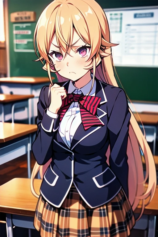 masterpiece, super details, best quality, aaerina, long hair, red bow, striped bow, blazer, blue jacket, long sleeves, plaid skirt, brown skirt, black thighhighs, (frown), hands on behind body, classroom