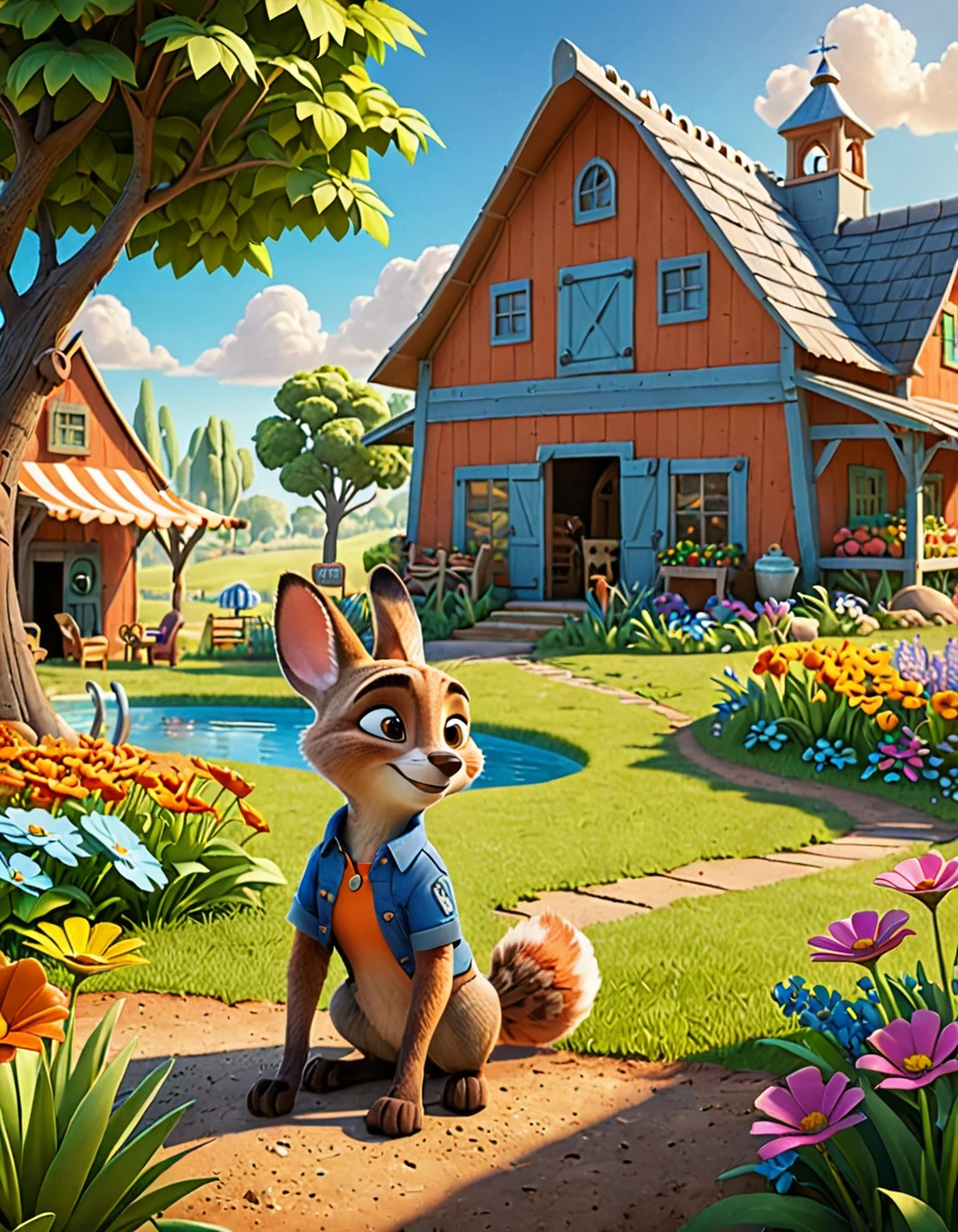 Design a 3D scene of a Zootopia summer farm, 3D cartoon style, chill, bright sunshine, bright color


