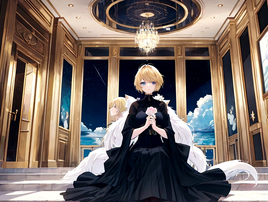 Novel cover design with the title LOSE. The novel is drawn in the style of anime or mostly novel illustrations. There is an image of a magnificent hotel floating on a sea full of stars. Between the hotel and above the ocean there are stars. And there were 3 women, one of them had short blonde hair with a wolf cut hairstyle and the two girl rest have black hair. They wear cool trendy clothes. The picture of the 3 women is in front of a picture of a hotel which looks majestic and big. The hotel looks clear, majestic and big. The hotel floats on the ocean.
