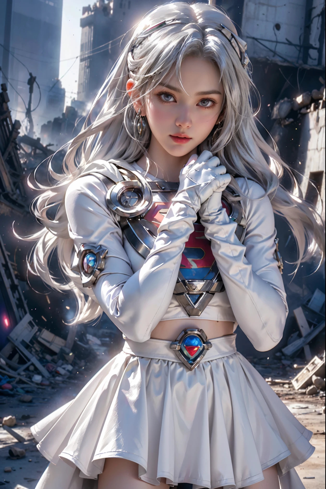 (White Superhero Theme Supergirl),( Apocalyptic city destroyed:1.4),(superchica:1.4), (gray white hair ),More detailed 8K.unreal engine:1.4,UHD,La Best Quality:1.4, photorealistic:1.4, skin texture:1.4, Masterpiece:1.8,first work, Best Quality,object object], (detailed face features:1.3), (Detailed hands:1.4),