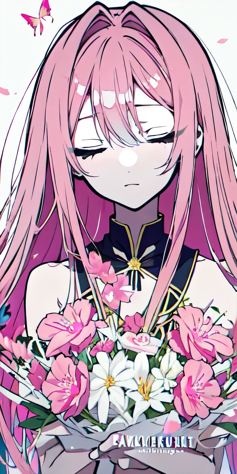 Cover magazine, anime, woman, solo, long hair, pink hair, closed eyes, model, beautiful, half body portrait, many butterflies, Megurine Luka, tilted head, melancholic expression, sad expression, sakura, neon pink color palette, holding flower bouquet, full torso view