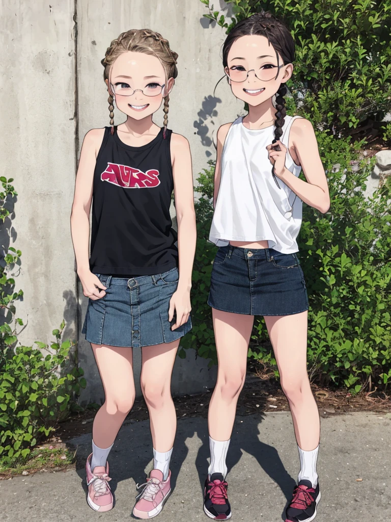 1girl,12yo,,outdoor,casual clothes,,socks,small breasts,,standing,looking viewer,open mouth,tongue,sleeveless,miniskirt,braid,rimless glasses,grin
