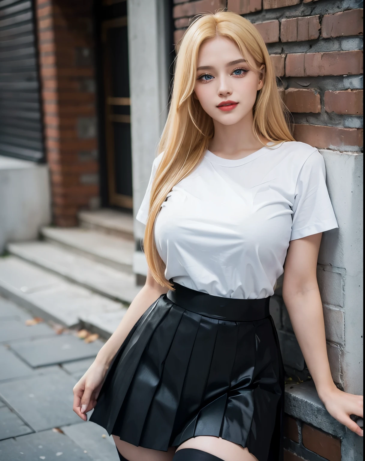1girl, (Blue Eyes), (smiling :1.2), wide hips, (big tits :1.1), (big ass), (thin waist :1.2), (thick thighs), (toned legs :1.1), muscle, (Best Quality, 8k, Masterpiece: 1.3), Clear Focus: 1.2, Perfect Body Beauty: 1.4, (strong abs :1.2), Highly detailed face and skin texture, detailed eyes, double eyelids, (shiny skin :1.2), red lips, (long blonde straight hair :1.2), (white t-shirt :1.1), (black pleated skirt :1.2), (black long stocking :1.2), standing, dynamic pose, on the street, next to a brick wall, out of focus background