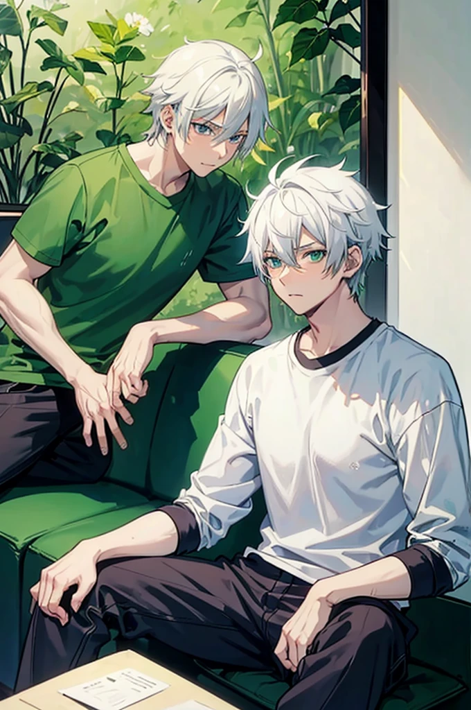 A 25 years old anime man with white hair, sitting on the couch, Wearing a Green t-shirt, blushing