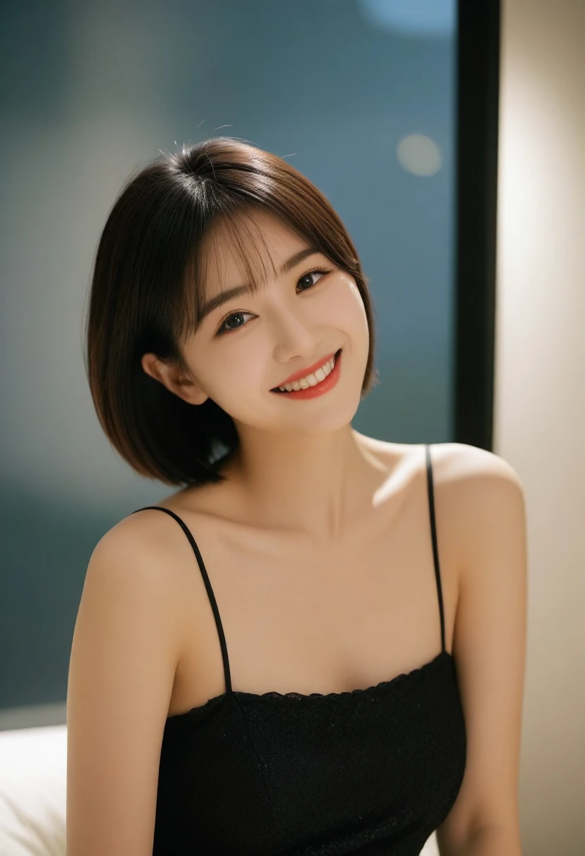 8K, Ultra-high resolution, Highest quality, masterpiece, 三分割法によるphotograph,Surreal, photograph, 1 Girl, (:1.3), pretty girl, Cute face, Beautiful eyes in every detail, 細かくdetailedに,masterpiece,, One Girl:1.2, Japan Female Announcer,whole body,Night dress, 黒絹のドレスを着てphotographを撮る女性 , wearing a Night dress,Mini length, Attractive thighs, Sensual,A carefree smile,Heal the heart,Black Hair,Short Bob,Looking at the audience、beauty,Long neck、Laugh a little、Please close your mouth and laugh、(((Ideal body type))),A cup small breasts :2,、Portraiture:2、Perfect Anatomy、鮮明なdetailed、detailed、Surreal、Light and shadow,Strong light