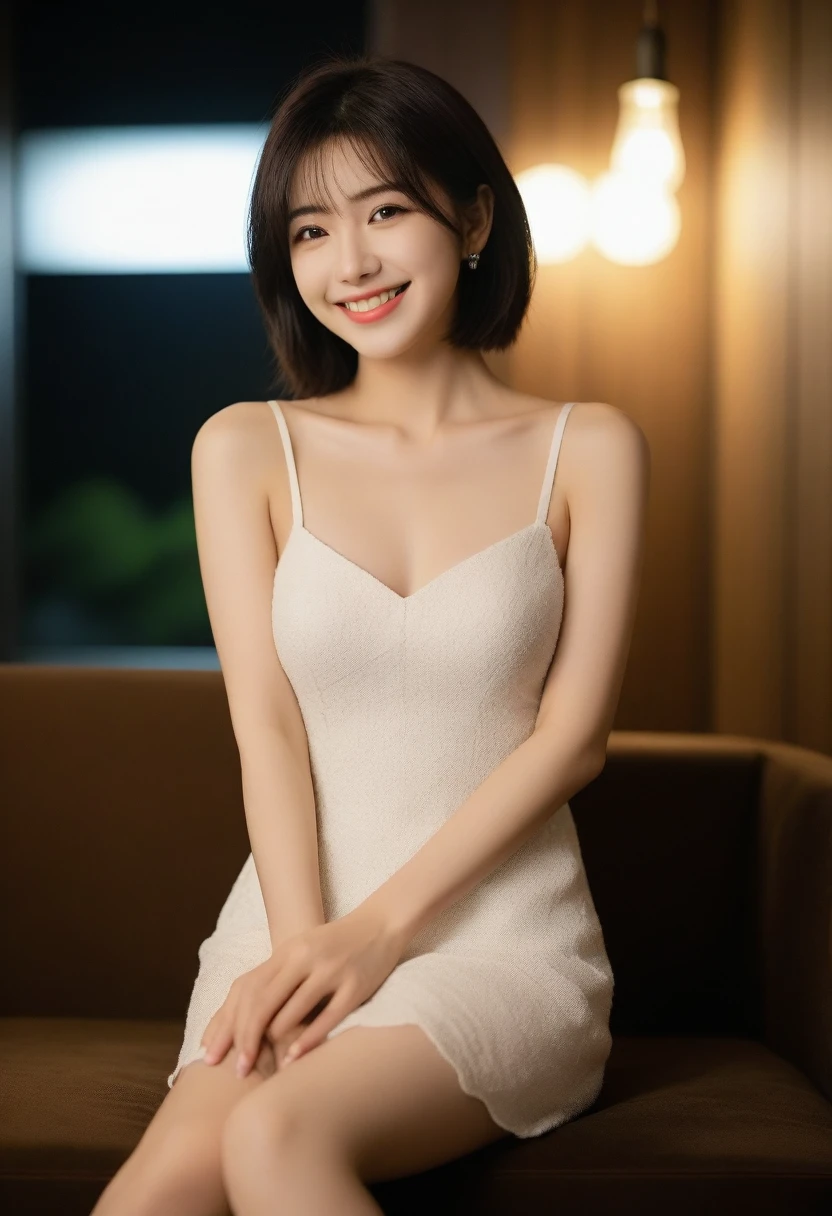 8K, Ultra-high resolution, Highest quality, masterpiece, 三分割法によるphotograph,Surreal, photograph, 1 Girl, (:1.3), pretty girl, Cute face, Beautiful eyes in every detail, 細かくdetailedに,masterpiece,, One Girl:1.2, Japan Female Announcer,whole body,Night dress, 黒絹のドレスを着てphotographを撮る女性 , wearing a Night dress,Mini length, Attractive thighs, Sensual,A carefree smile,Heal the heart,Black Hair,Short Bob,Looking at the audience、beauty,Long neck、Laugh a little、Please close your mouth and laugh、(((Ideal body type))),A cup small breasts :2,、Portraiture:2、Perfect Anatomy、鮮明なdetailed、detailed、Surreal、Light and shadow,Strong light