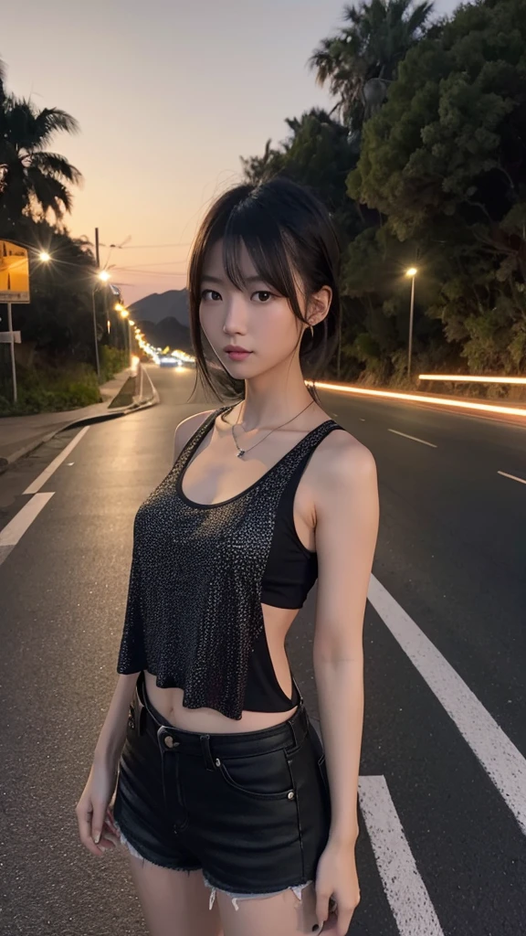 Asian woman Lisa wearing a tank top with a black rock star pattern stands in the middle of the road in Yaowarat at night. There are no people around. Realistic image, high image detail.