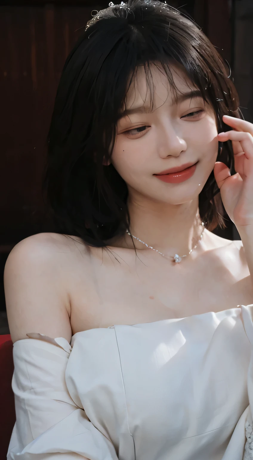 best qualtiy, Ultra-high resolution, (realisticlying:1.4),cute hairpin,Baoyu Girl,Stand in the wedding hall,Wearing a white bandeau wedding dress,(flatchest:1.2) ,A pair of clear and moving peach blossom eyes,Royal Sister,sunshine on face,Big wavy hairstyle,(choker necklace:1.2),(Fair skin:1.4),a sense of atmosphere,a beauty girl, Charming smile,head straight-looking at viewer, closeup cleavage ,(Photorealistic:1.4),1girll,sexly,(Upper body:1.4),(Wet body),(:1.2), curly hair, (facing the front:1.2),long hair、(Close your eyes and ask for a kiss:1.3),From above, ((one length haircut)),, exposed cleavage, look up, raise your chin, open your mouth slightly, waiting for kiss, stick out your tongue slightly, turn your face up, look up the sky, sitting, lustful eyes, smirk