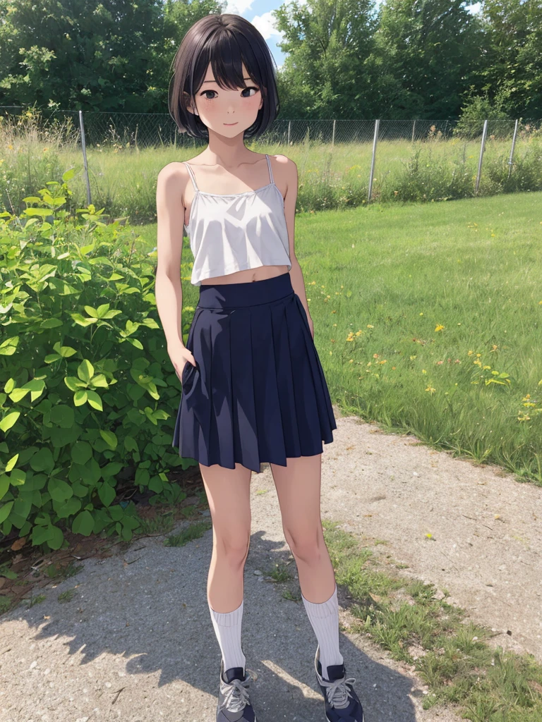 1girl,,,outdoor,camisole,navel,micro skirt,socks,small breasts,,standing