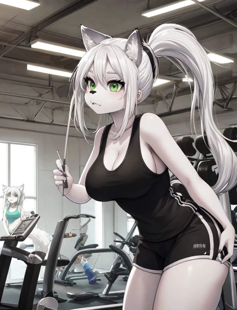 furry, curvy wolf woman, cute, white wolf, wearing a tank top and shorts, green eyes, long white hair in a ponytail , in gym, hand drawn, 2D, comic realism, warm lighting, one person, thick and curvy