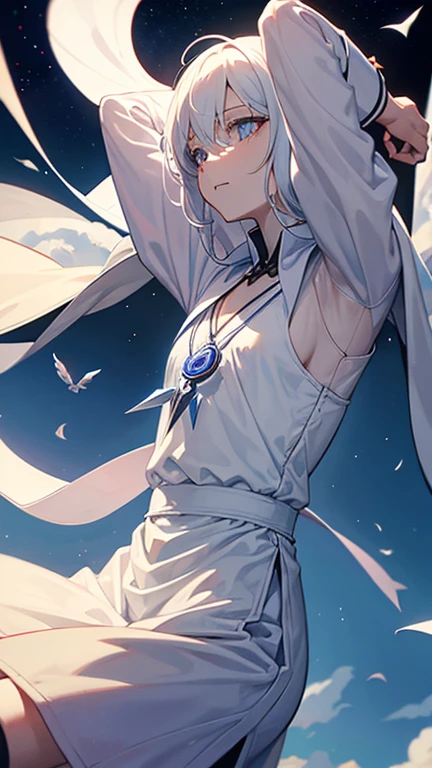 1The White Magician,Look up to the sky,Laugh wickedly,Pleasure,lament,Elevation,villain,Low - Angle,Disaster at your fingertips々A dark sphere,The front of your body faces the viewer,Stretch your arms out to the sky