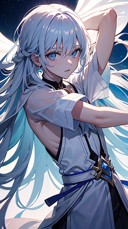 1The White Magician,Look up to the sky,Laugh wickedly,Pleasure,lament,Elevation,villain,Low - Angle,Disaster at your fingertips々A dark sphere,The front of your body faces the viewer,Stretch your arms out to the sky