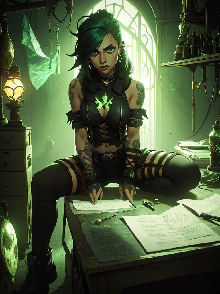 only one girl, black hair and phospor green underlights, green eyes, has tattoos, piercings, light skin but not that light, dressed in dark fantasy style, long hair gothic dark style punk diesel, sitting in the lab working with weapons and hextech gems