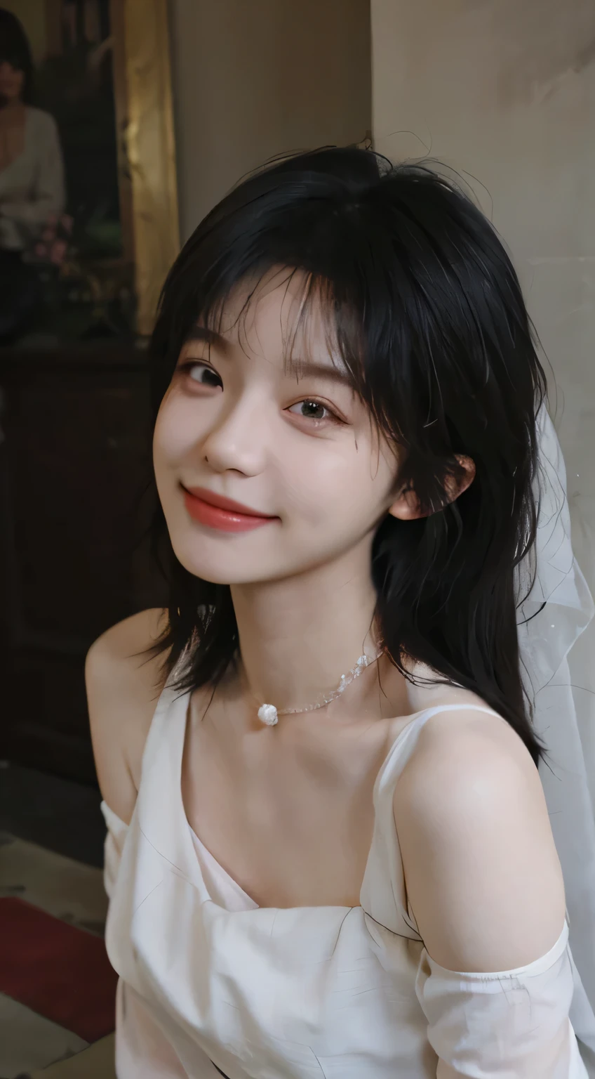 best qualtiy, Ultra-high resolution, (realisticlying:1.4),cute hairpin,Baoyu Girl,Stand in the wedding hall,Wearing a white bandeau wedding dress,(flatchest:1.2) ,A pair of clear and moving peach blossom eyes,Royal Sister,sunshine on face,Big wavy hairstyle,(choker necklace:1.2),(Fair skin:1.4),a sense of atmosphere,a beauty girl, Charming smile,head straight-looking at viewer, closeup cleavage ,(Photorealistic:1.4),1girll,sexly,(Upper body:1.4),(Wet body),(:1.2), curly hair, (facing the front:1.2),long hair、(Close your eyes and ask for a kiss:1.3),From above, ((one length haircut)),, exposed cleavage, look up, raise your chin, open your mouth slightly, waiting for kiss, stick out your tongue slightly, turn your face up, look up the sky, sitting, lustful eyes, smirk, horny, impatience, excited