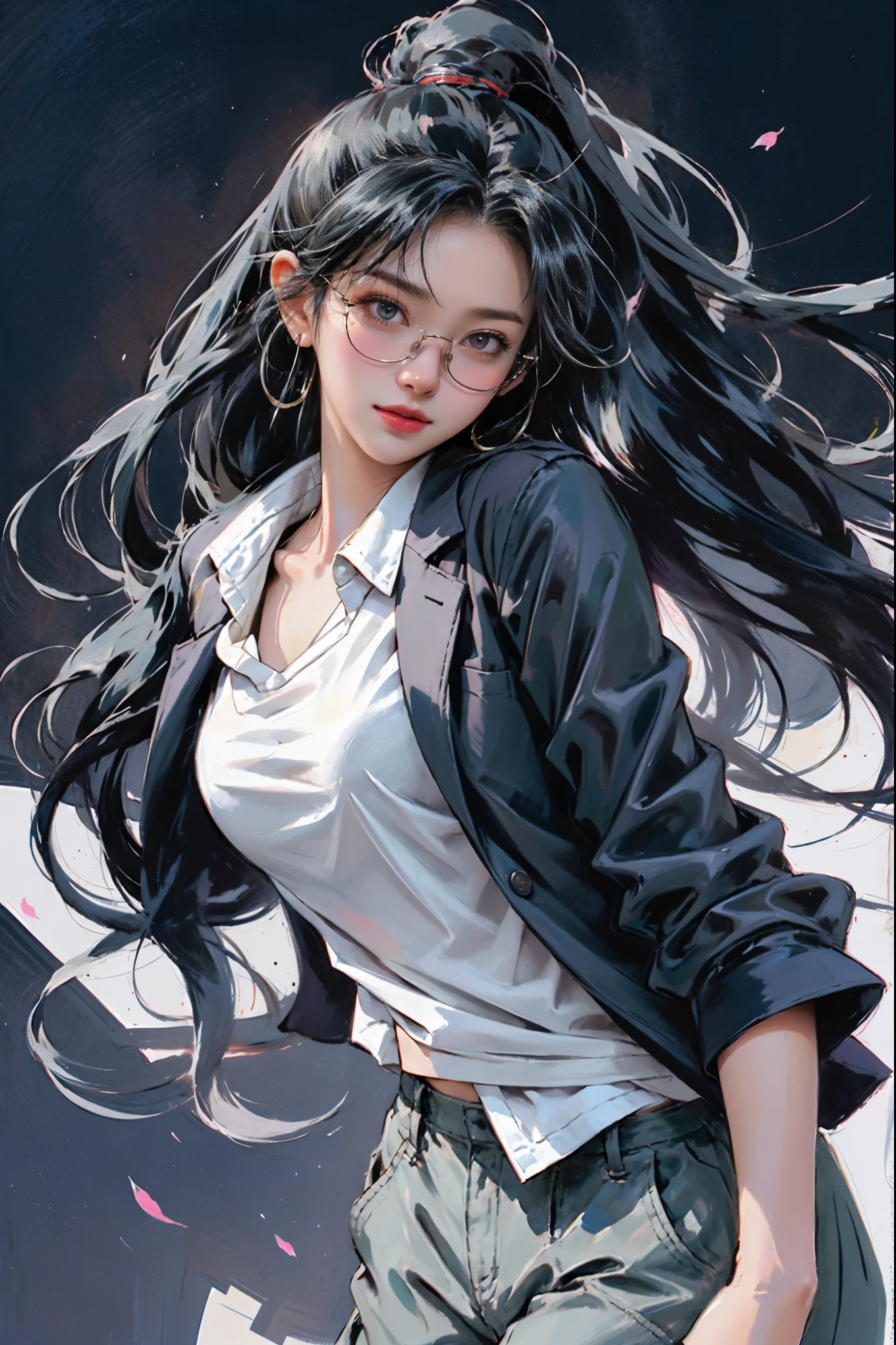 Japanese anime style ((full body)) detailed illustration of a beautiful and graceful 22-year-old black woman with long straight black hair, hair tied to the sides of her head that goes all the way back, hair flying in the wind, wearing thin executive glasses, smiling woman, wearing white t-shirt and dark gray women's modern detailed blazer, wearing business pants, taking a selfie photo, looking straight ahead and directly at the viewer, bold lines, cel shaded, art by MSchiffer, soft and muted colors, contrasting colors , good mood