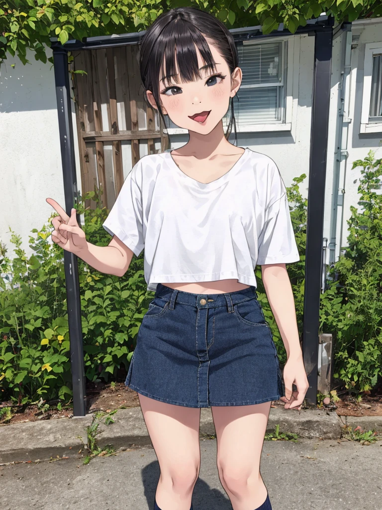 1girl,,,outdoor,casual clothes,,socks,small breasts,,standing,looking viewer,open mouth,tongue,,miniskirt