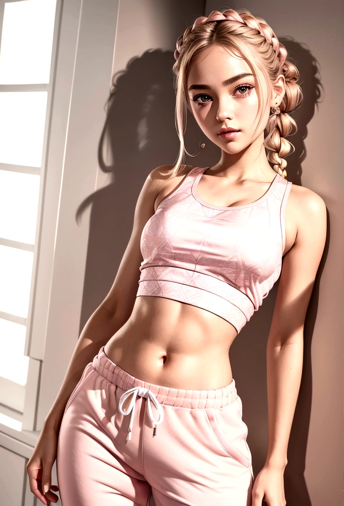 masterpiece, best quality, (extremely detailed CG unity 8k wallpaper), (best quality), (best illustration), (best shadow), absurdres, realistic lighting, (Abyss), beautiful detailed glow, full body shot of a age girl, wearing crop tank top, belly visible, low waist sweatpants, hair braid, blond, belly visible, body, slim body, young, sleeveless tank top, crop top, low waist, cute face, beautiful, exremely cute, dynamic angle, seductive pose, fawless skin, smooth skin, (rose colored sweatpants), (pink and white patterned top)