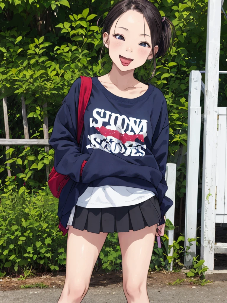 1girl,12yo,,outdoor,casual clothes,,socks,small breasts,,standing,looking viewer,open mouth,tongue,,miniskirt,close up