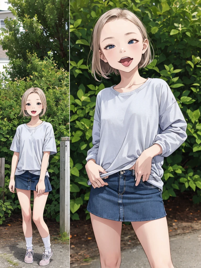 1girl,,,outdoor,casual clothes,,socks,small breasts,,standing,looking viewer,open mouth,tongue,,miniskirt,close up