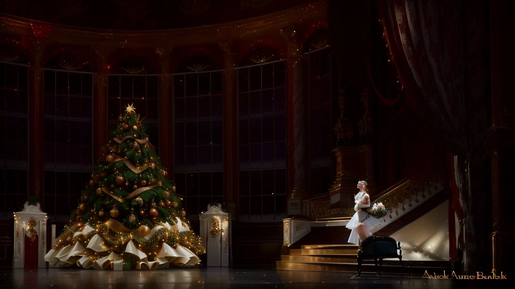 arafed image of a woman in a white dress standing in front of a christmas tree, ballet performance photography, !!beautiful!!, full image, yulia nevskaya, by Jeanna bauck, * * *, warm and joyful atmosphere, full details, by Robert Medley, anna nikonova, beautiful!!!, backside of scenography elements