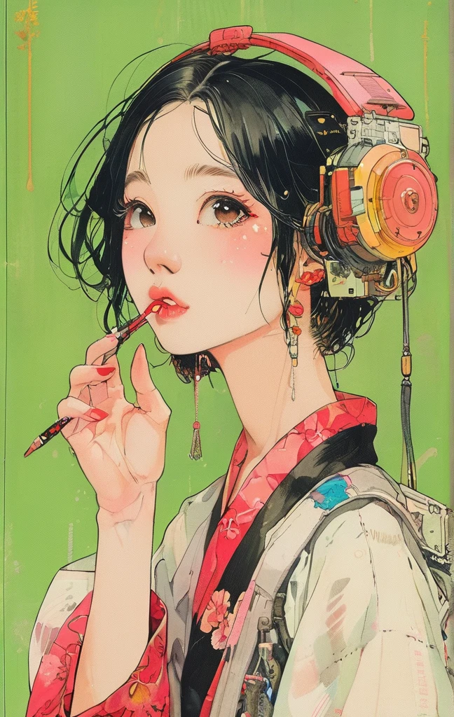 On a bright red campus"YES"Character、(masterpiece, best quality:1.2), 1 girl, Solitary,anime style,White hair, Girl with pink lips and light floral earrings puts finger on mouth,With the style of a top portrait painter, Yellow-green background.