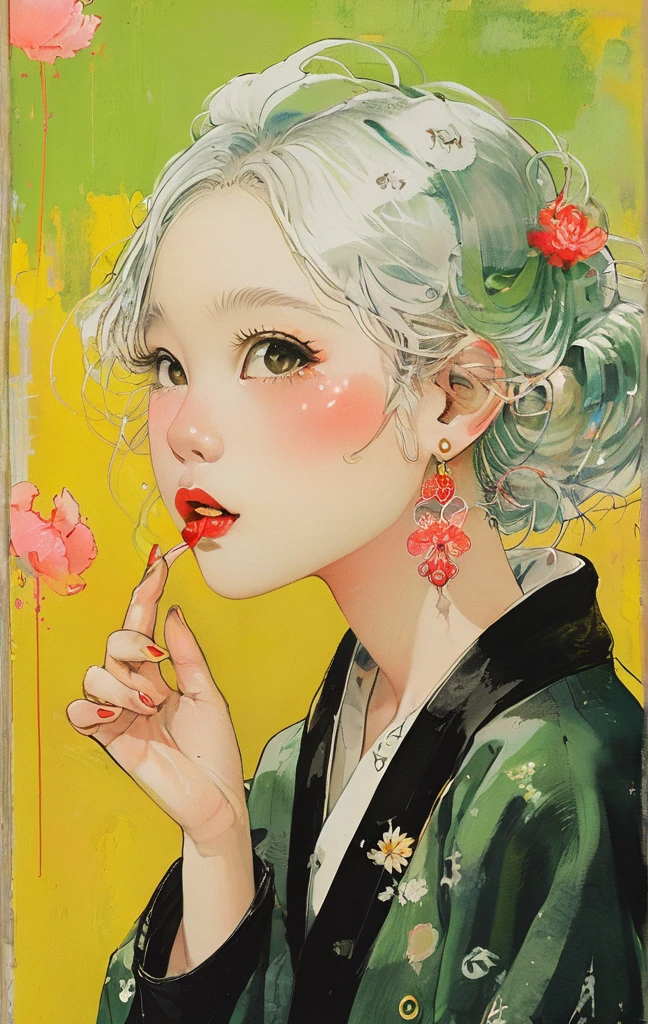 On a bright red campus"YES"Character、(masterpiece, best quality:1.2), 1 girl, Solitary，anime style，White hair, Girl with pink lips and light floral earrings puts finger on mouth，With the style of a top portrait painter, Yellow-green background.