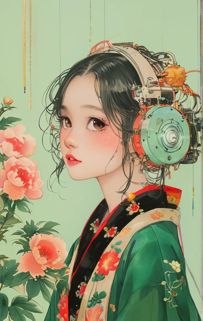 On a bright red campus"YES"Character、(masterpiece, best quality:1.2), 1 girl, Solitary,anime style,White hair, Girl with pink lips and light floral earrings puts finger on mouth,With the style of a top portrait painter, Yellow-green background.