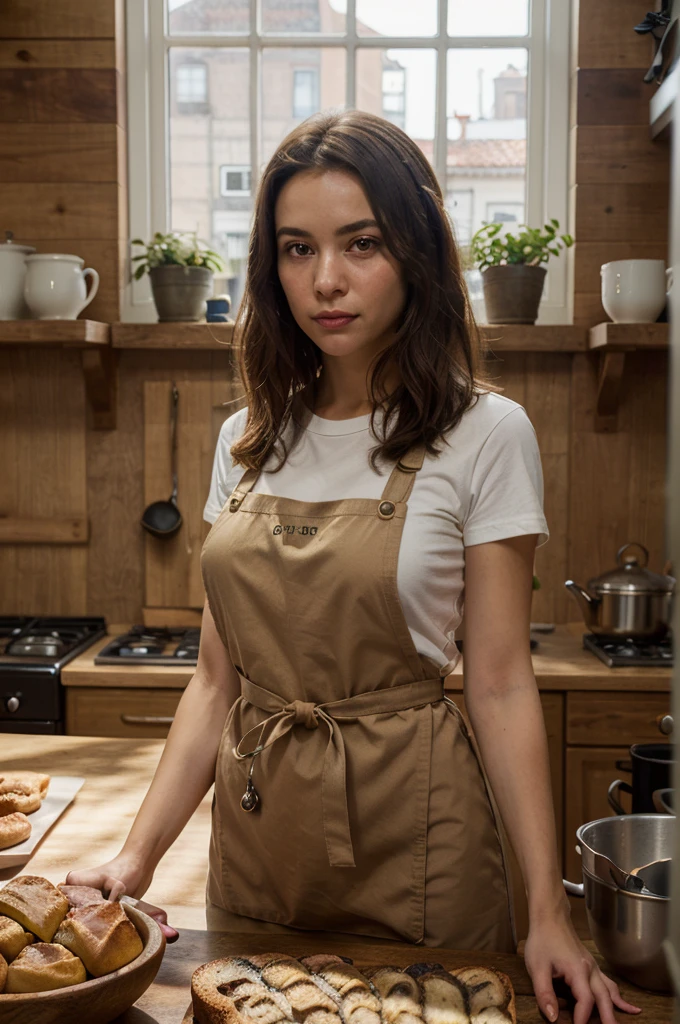 ((best qualityer)), ((work of art)), (detailded), 1 girl, in kitchen, dressed in an apron and t-shirt, large wooden table, homemade bread, children, Portrait of a BRAZILIAN woman, sexy looking with long, tied up hair, bob hair, , hazel eyes, with fluttering covers, perfect composition, hyper realist, Super detailded, 8K, high qualiy, trending art, trends on artstation, sharp focus, studio photo, details Intricate, altamente detailded, art by greg rutkowski, without jewelry, sketch, SIDE camera, looking at the food, dishes, cups, Meat, stove, big window, alone outside