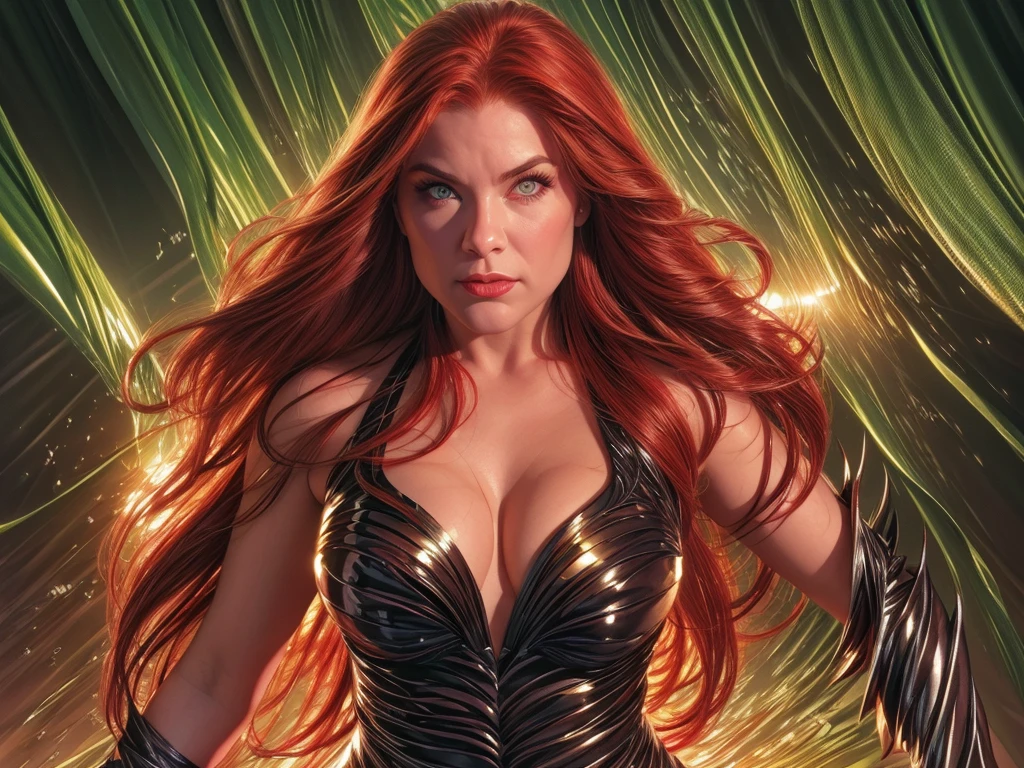 a girl with beautiful detailed eyes, beautiful detailed lips, extremely detailed face and eyes, long eyelashes, redhead, 18 years old, dynamic action pose, superhero, X-Men character, Goblin Queen, perfect anatomy, beautiful, photorealistic, 8k, high resolution, masterpiece, digital art, fantasy, sci-fi, conceptart
