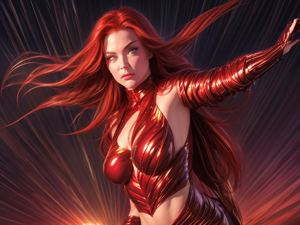 a girl with beautiful detailed eyes, beautiful detailed lips, extremely detailed face and eyes, long eyelashes, redhead, 18 years old, dynamic action pose, superhero, X-Men character, Goblin Queen, perfect anatomy, beautiful, photorealistic, 8k, high resolution, masterpiece, digital art, fantasy, sci-fi, conceptart