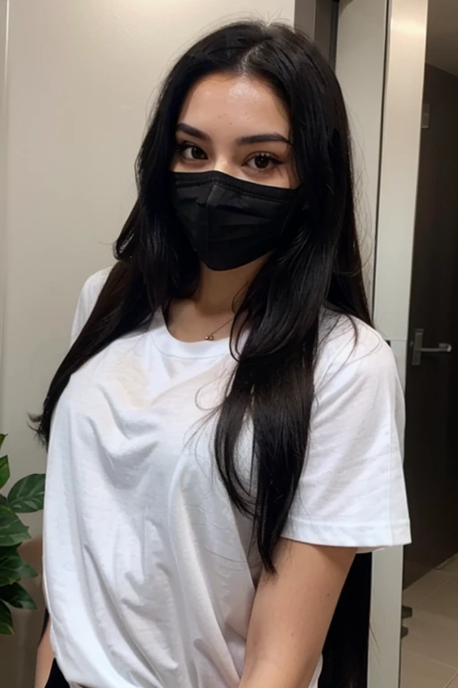 Sexy girl with long black hair taking a selfie with black mask and white shirt