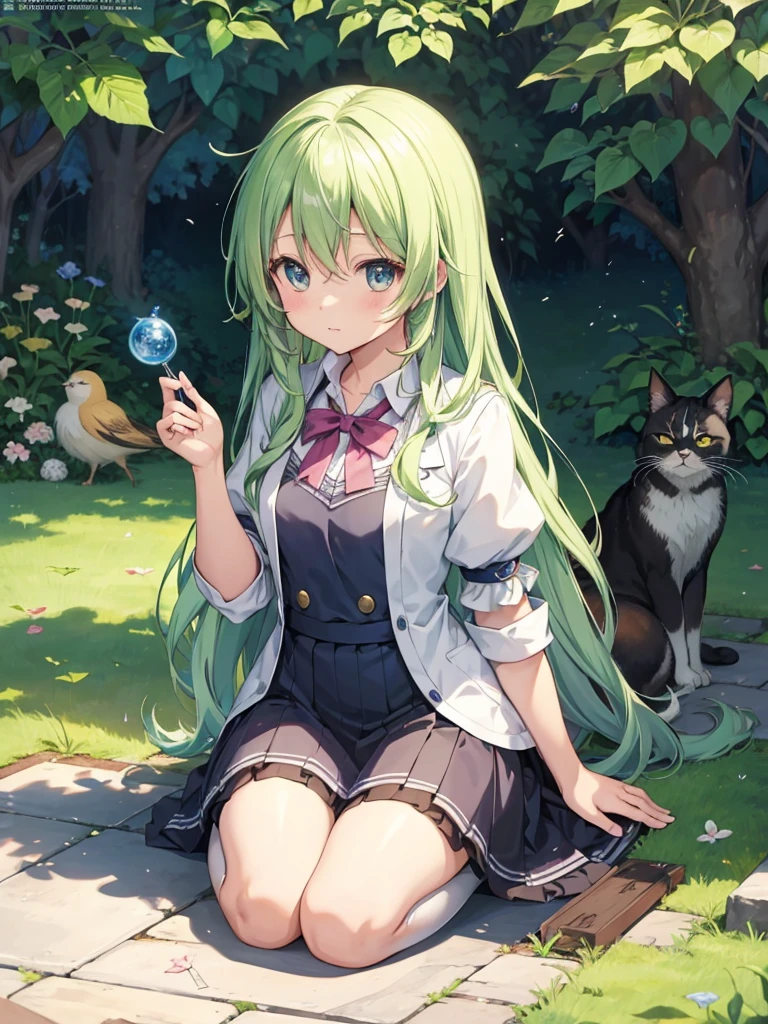 A cute girl with green mucus with cat ears is sitting and in her mouth she has another mucus only smaller in size. 