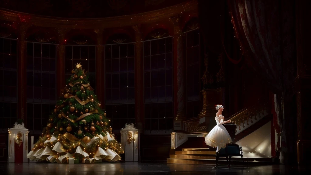 arafed image of a woman in a white dress standing in front of a christmas tree, ballet performance photography, !!beautiful!!, full image, yulia nevskaya, by Jeanna bauck, * * *, warm and joyful atmosphere, full details, by Robert Medley, anna nikonova, beautiful!!!, backside of scenography elements