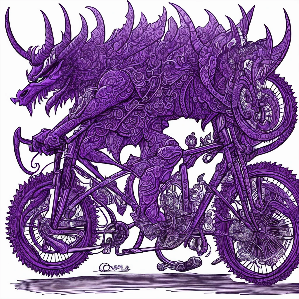 Draw a demon riding a bicycle. Side view. Main color - purple.