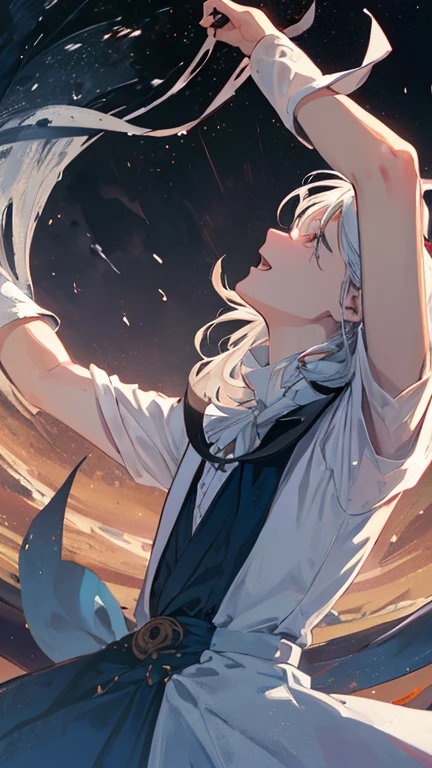 1The White Magician,Look up to the sky,Laugh wickedly,Pleasure,lament,Elevation,villain,Low - Angle,Disaster at your fingertips々A dark sphere,The front of your body faces the viewer,Stretch your arms out to the sky