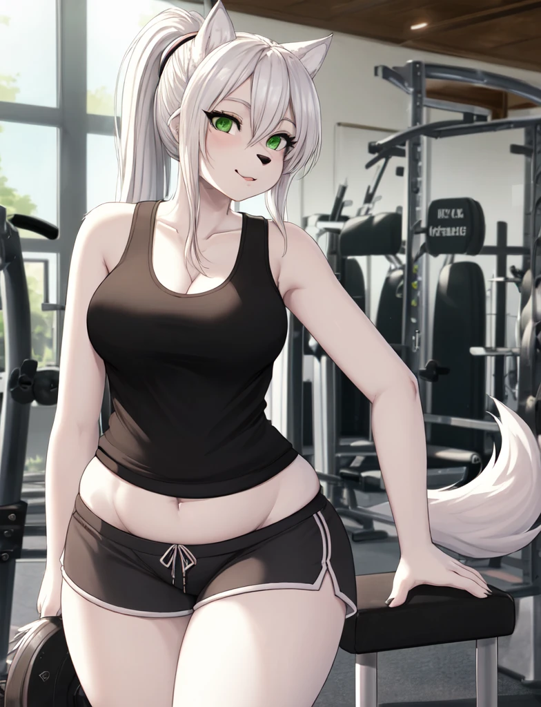 furry, curvy wolf woman, cute, white wolf, wearing a tank top and shorts, green eyes, long white hair in a ponytail , in gym, hand drawn, 2D, comic realism, warm lighting, one person, thick and curvy