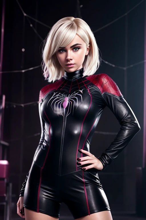 Gorgeous european woman with very short hair, short hair with fringe, wet hair, hair slicked back, combed straight back, slick hair, streaked blonde hair, seductive pose, sabrina carpenter as gwen stacy as spider-gwen, torn ragged spider-gwen costume, cleavage, solid dark grey background with spider web