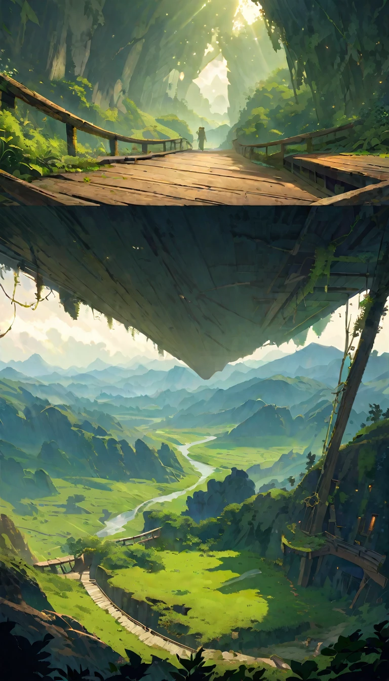 Drone photography, Wide Shot, Towering Mountain々An old, rustic suspension bridge that hangs precariously between the summits of, Worn out and exposed to the elements, Sway gently in the breeze, The wooden boards creak, Overgrown with vines and moss, Age and adventure, The dense forest below, Lush greenery, Picturesque views, soft and ethereal light, Ghibli art style