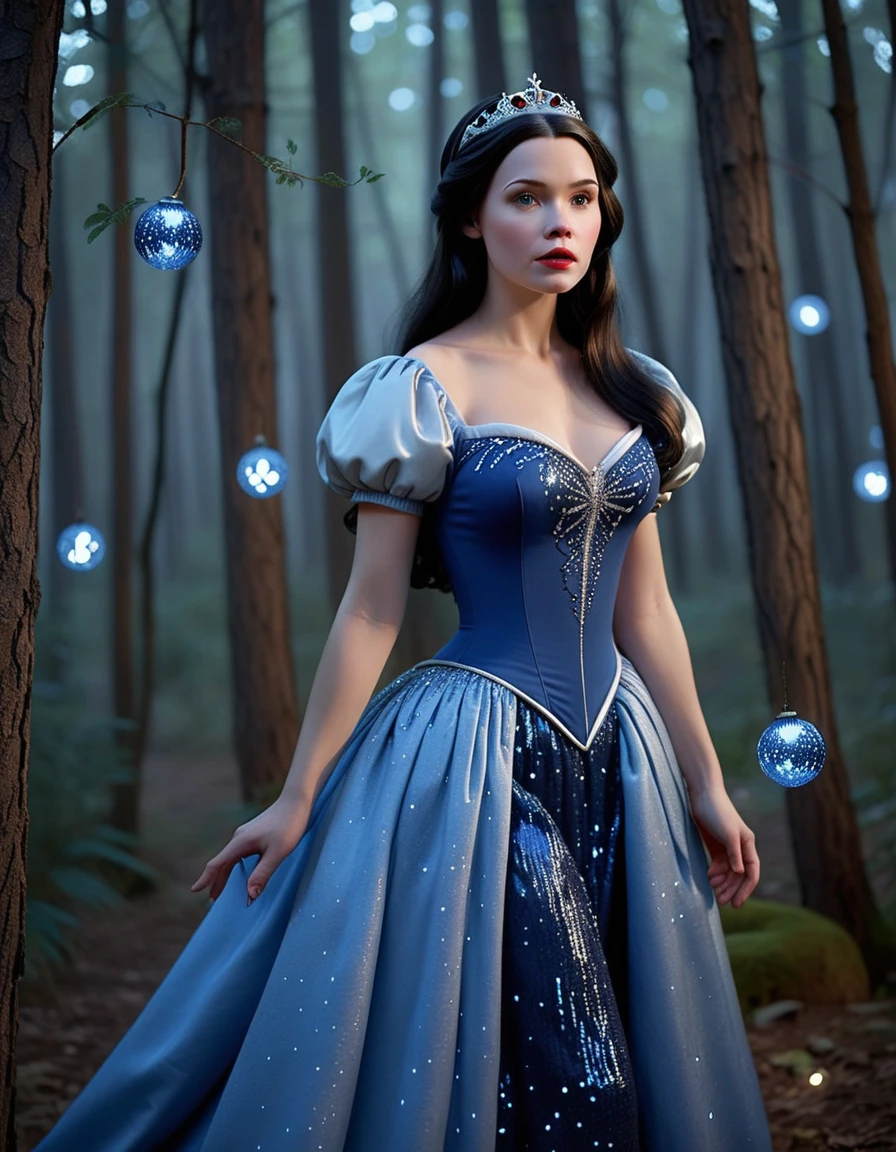 A beautiful young Snow White with long flowing dark hair, wearing an elegant blue ball gown adorned with silver sequins, standing in an enchanted forest, (best quality,8k,highres,masterpiece:1.2), ultra-detailed, (realistic, photorealistic, photo-realistic:1.37), detailed facial features, porcelain skin, delicate features, tall ancient trees, shimmering fireflies, a glowing moonlight, dramatic lighting, fantasy, magical, ethereal