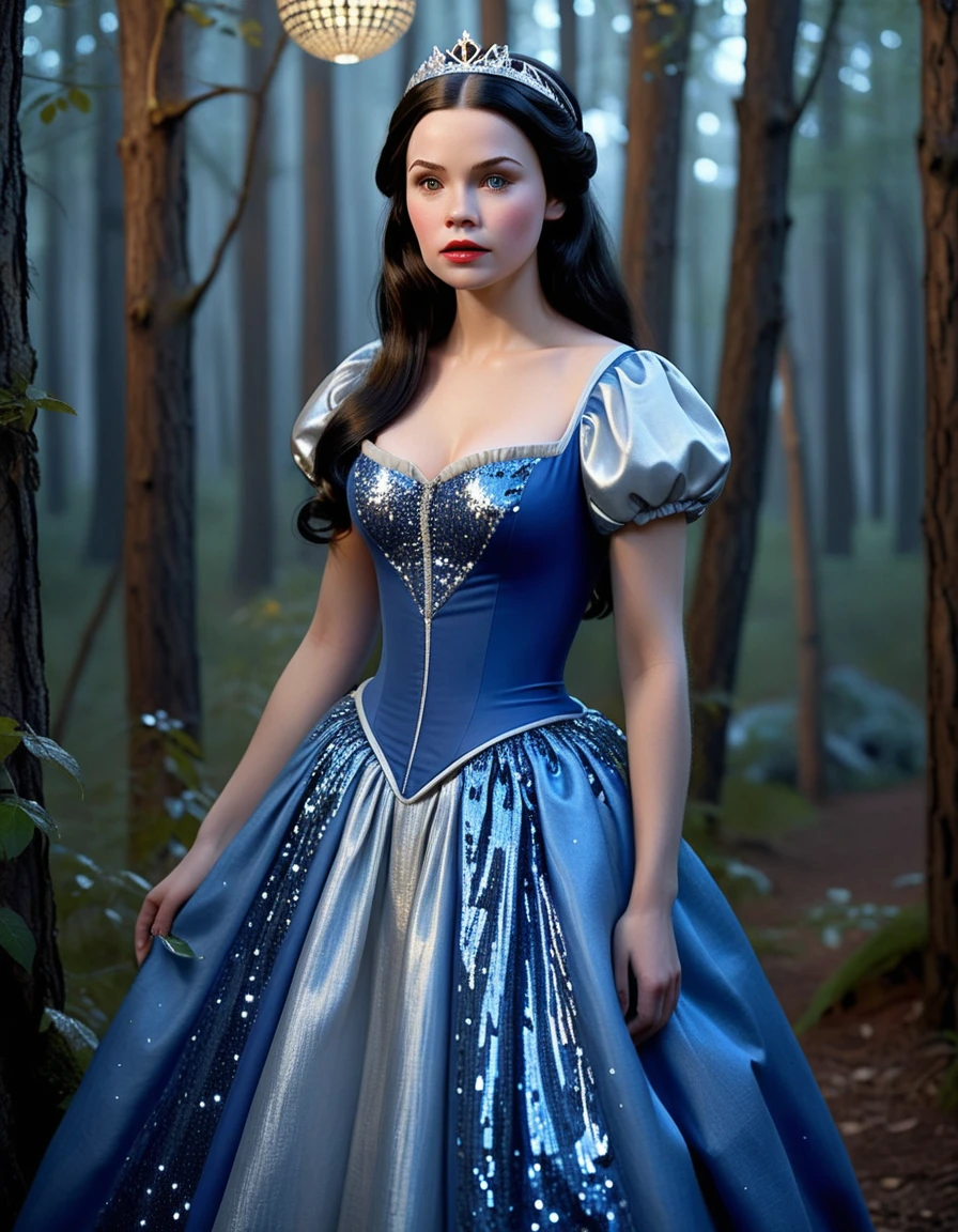 A beautiful young Snow White with long flowing dark hair, wearing an elegant blue ball gown adorned with silver sequins, standing in an enchanted forest, (best quality,8k,highres,masterpiece:1.2), ultra-detailed, (realistic, photorealistic, photo-realistic:1.37), detailed facial features, porcelain skin, delicate features, tall ancient trees, shimmering fireflies, a glowing moonlight, dramatic lighting, fantasy, magical, ethereal
