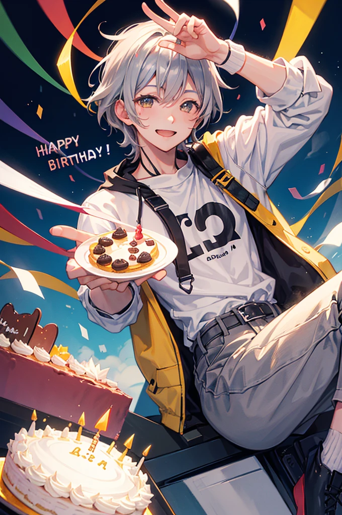 Celebrate a birthday,chum,Kizuna element,Young men,a cake,a smile,Gray Hair