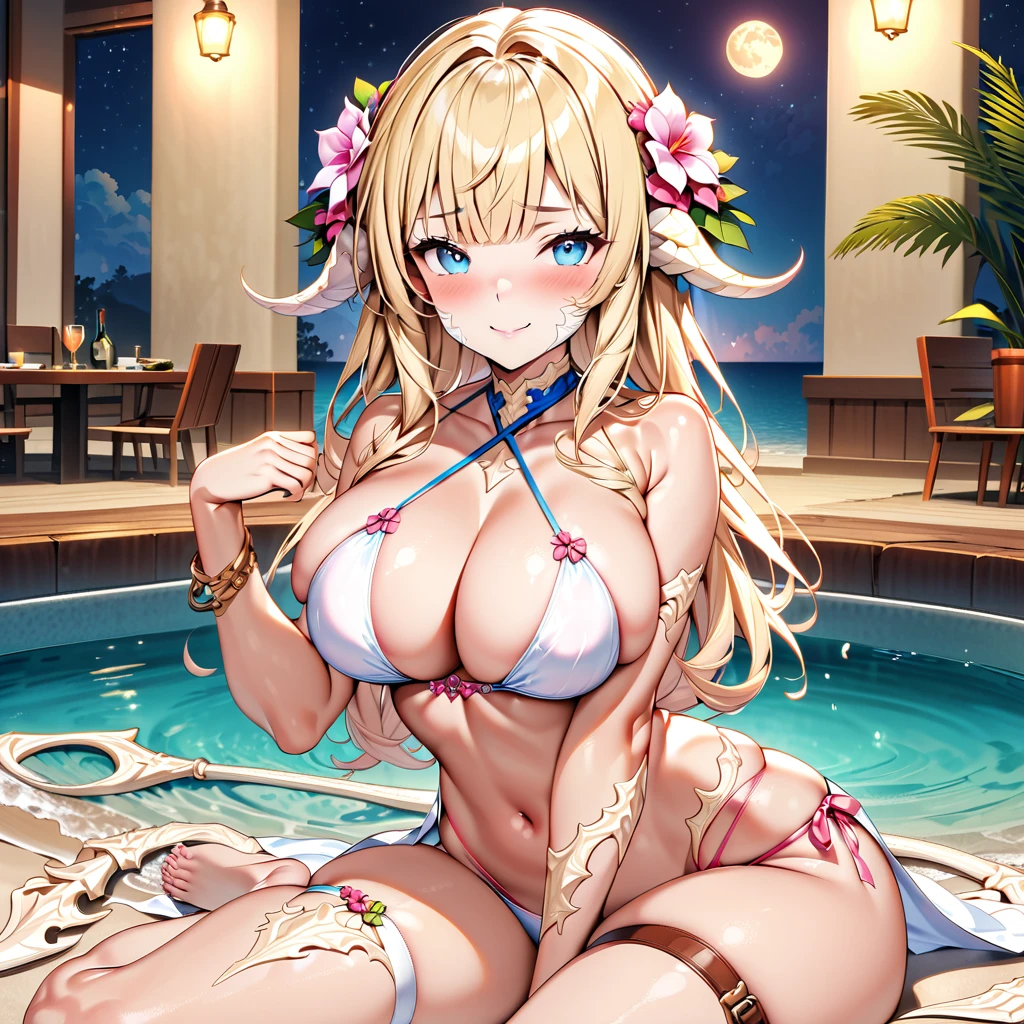 (masterpiece), best quality, expressive eyes, perfect face,1girl,warrior of light \(ff14\),bare shoulders,au ra,[white scales,white dragon tail,white horns],hair flower,bangles,(pink criss-cross halter string bikini),floral thigh strap,blue eyes,naughty smile,blush,sitting,looking at viewer,yokozuwari,long straight hair,blonde hair,[[tropical beach,night,full moon,starry sky]],cowboy shot,sexy pose,seductive smile,bimbo