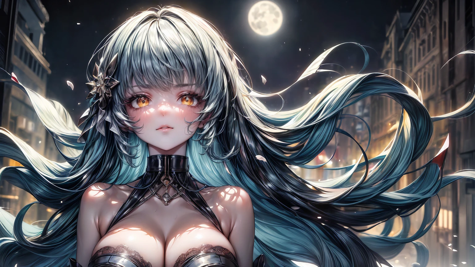 ((((Obra maestra, La mejor calidad, ultrahigh resolution)))), 1girl, standing,), ((long pure aqua hair, hair over eye)), long hair cut, shiny skin, ((golden eyes)), glowing_eyes, neon eyes, (ultra detailed eyes:0.7, beautiful and detailed face, detailed eyes:0.9), ((centered)), smirk, facing viewer, ((vibrant background, dark lighting, summer, sunlight)), large chested, looking at viewer, ((half closed eyes)), ((perfect hands)), (((head:1, arms, hips in view, elbows, in view))), ((hands behind back)), empty eyes, beautiful lighting, ((outside, outdoors)), defined subject, head tilt, (((gritty)), ((creepy)), ((cool)), ((beautiful)), (((SFW))), hair ornament, petals in the air, moon in the sky, city, mature woman, adult woman, sfw, dark blue dress, night dress, she is a princess